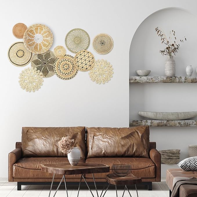 Tatuo 11 Pcs Boho Wall Basket Decor Bulrush Woven Wall Hanging Art Round Farmhouse Rustic Handmade Wicker for Summer Home, Bedroom, Living Room, Kitchen Decorations, Multi Sizes(Vivid)