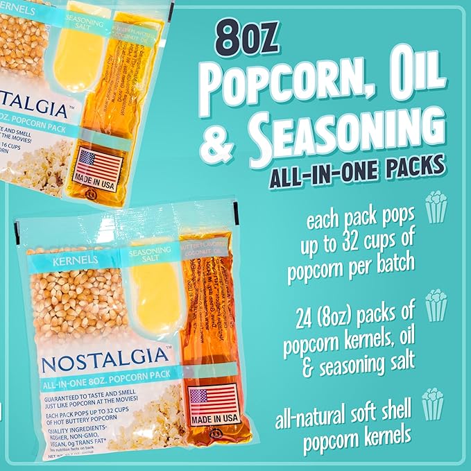 Nostalgia Movie Theater Style Popcorn Packets for Popcorn Machine, All-in-One Popcorn Kernels, Butter Flavored Coconut Oil, Seasoning Salt, 8oz Packs, 24 Count