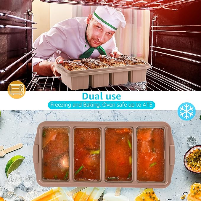 Ztomine Silicone Freezer Tray With Lid - Silicone Freezer Food Molds- Large Ice Cube Tray,Silicone Freezer Container,Freeze & Store Soup, Sauce, Broth,Leftovers - Makes 4 Perfect 1 Cup