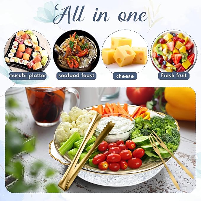 Baderke 4 Sets 11.8" Chilled Serving Tray for Parties Round Iced Platter with Ice Underneath Stainless Steel Clip Fruit Fork Shrimp Cocktail Serving Dish for Oysters Crawfish Fruits (Gold)