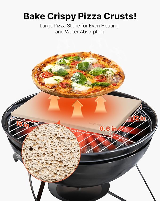 VEVOR Pizza Stone, 15 x 12 x 0.6 in Rectangular Cordierite Pizza Stone, Extra Large Baking Stone with Scraper, 1450℉ Heat-Resistant Bread Stone, for Kitchen Oven, Baking Bread & Pizzas, BBQ Grill