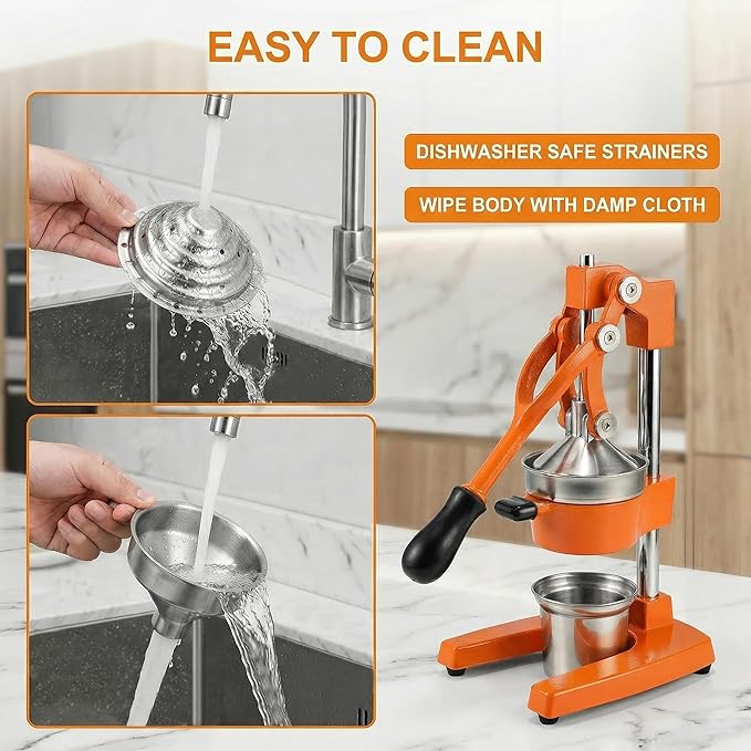 Cast Iron Citrus Juicer - 13.8LB Heavy Duty Manual Orange Press, 304 Stainless Steel Cup & Strainer, Professional Lemon Grapefruit Pomegranate Squeezer for Home Bar Kitchen, Orange