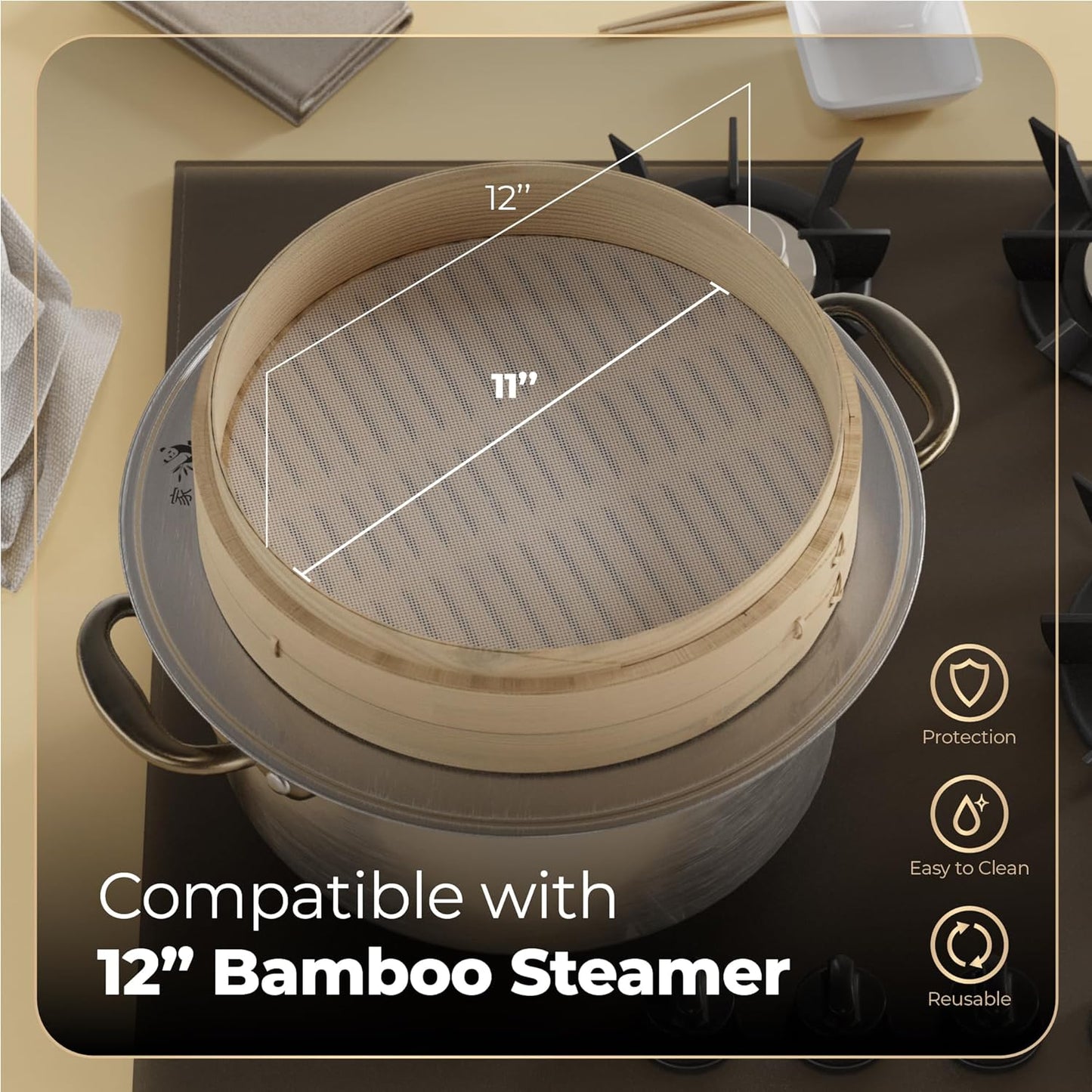 Prime Home Direct Bamboo Steamer Silicone Liners 12-Inch | 6 Count | BPA Free | Reusable & Non Stick for Air Fryer, Dumpling Food Steam Pot & Dim Sum Steaming | Round Mesh Parchment Baking Sheet Paper