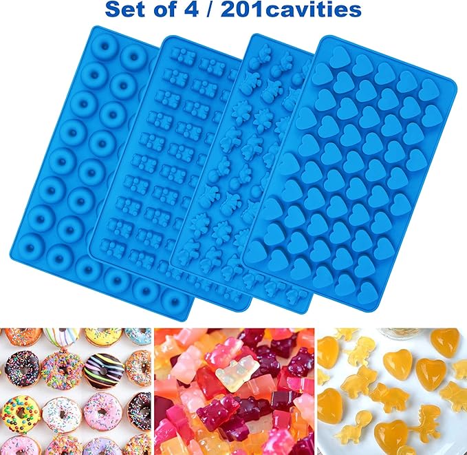 Sidosir 4Pcs Gummy Candy Bear Molds, Non-stick Silicone Chocolate Mold for Dinosaur, Donut, Heart, Silicone Candy Molds with 2 Droppers