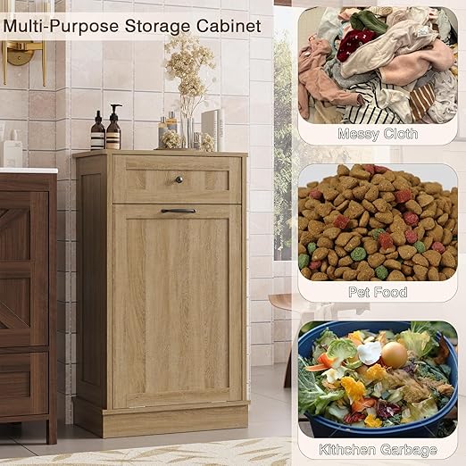 KIGOTY Tilt Out Trash Can Cabinet Trash Bin Cabinet with Hideaway Drawer Hidden Wooden Kitchen Garbage Can, Pet Proof Trash Can Holder for Kitchen (Coffee)