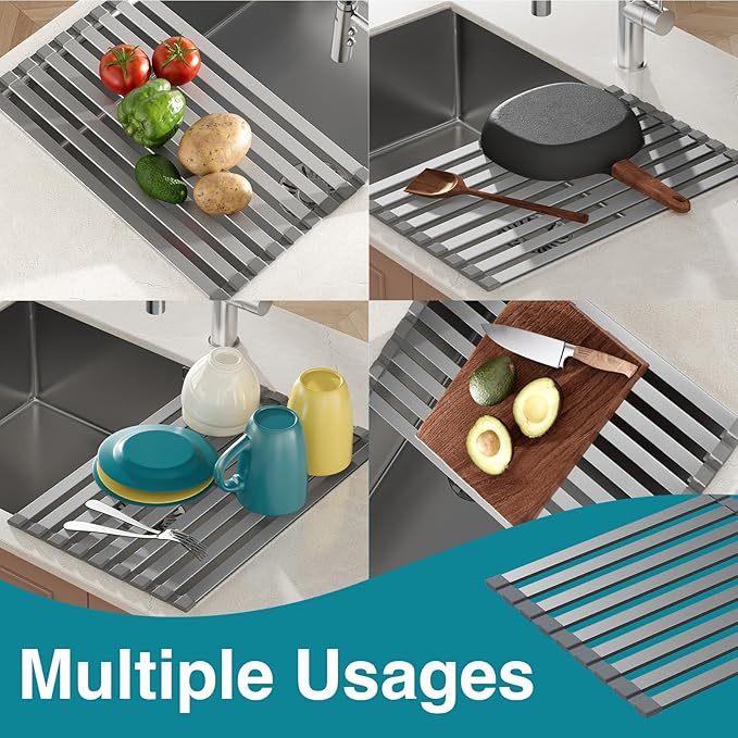 COOL-ANGLE Aluminum Roll Up Dish Drying Rack Over The Sink, 17.7" x 13.4" Rust-Proof Foldable Dish Drainer Mat, Heat Resistant Trivet & Kitchen Sink Cover, Fits Sinks up to 16.8" Wide, Matte Gray