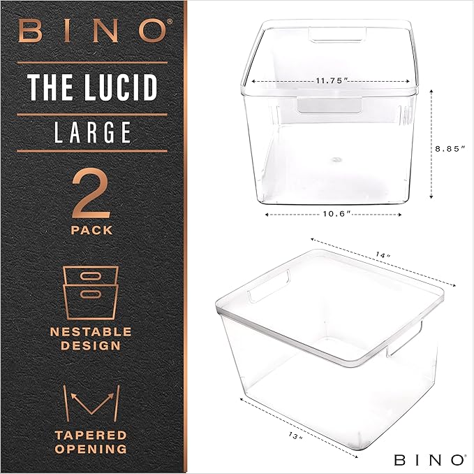 BINO | Plastic Bins, Large - 2 Pack | THE LUCID COLLECTION | Multi-Use| Built-In Handles | BPA-Free | Clear Storage Containers | Fridge Organizer | Pantry & Home Organization