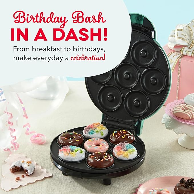Dash Express Mini Donut Maker - Homemade Dessert Maker - Features Double-Sided, Non-Stick Surface & Space-Saving Design - Makes 7 - Aqua