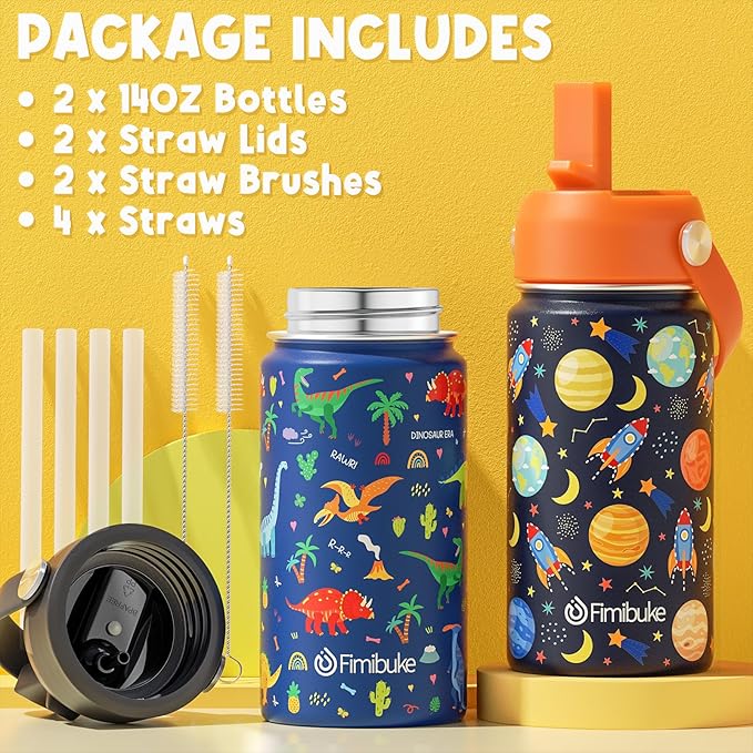 Fimibuke Kids Insulated Water Bottle, 14oz BPA FREE Double Wall Vacuum Tumbler 18/8 Stainless Steel Leak Proof Kids Cups with Straw Metal Water Bottle for School Boy Girl(2 Pack, SPACE/BLUE DINOSAUR)