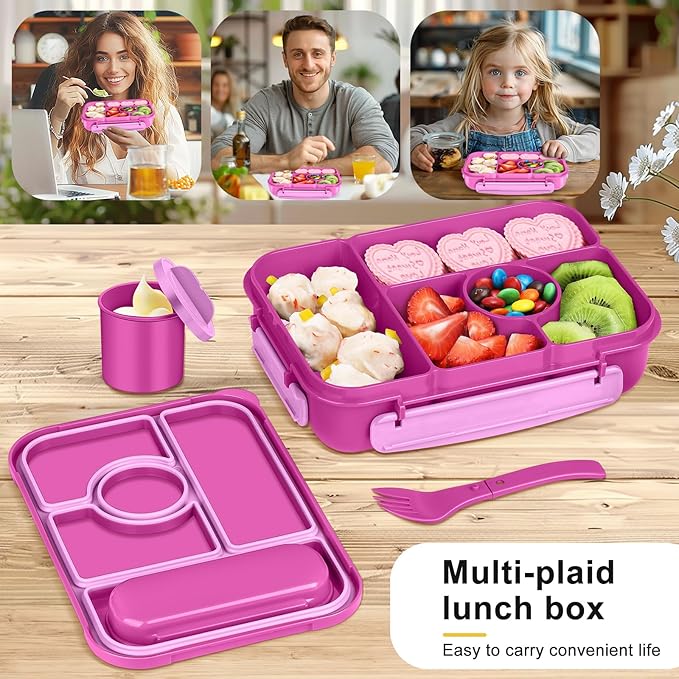 Amathley Bento Box Adult Lunch Box Kids,Lunch Containers for Adults/Kids/Toddler,5 Compartments Bento Lunch Box with Sauce Vontainers,Microwave & Dishwasher & Freezer Safe,BPA-Free (Red lily)