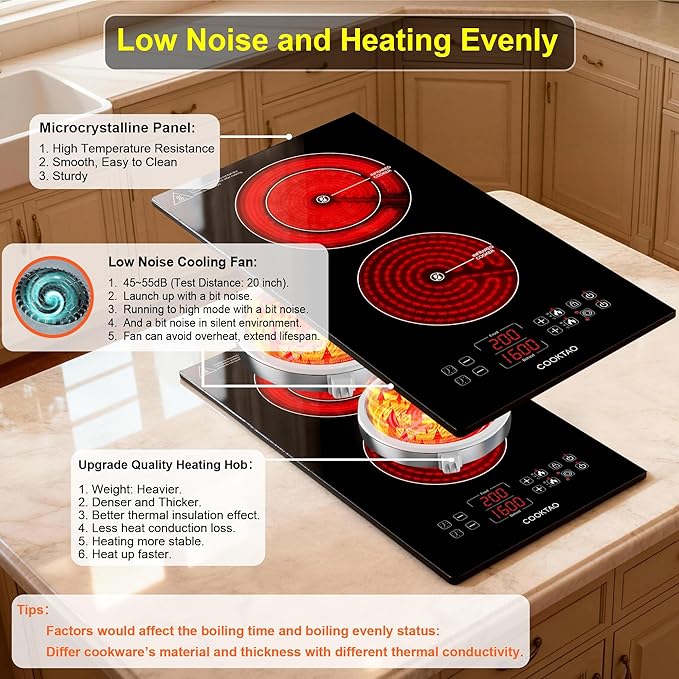 Dual Heating Coil Design of 2 Burner Electric Cooktop, 1800W Commercial Ceramic Infrared Cooking Hot Plate, Portable Countertop or Built-in Radiant Stove Top Cooker with WATT and TEMP Control