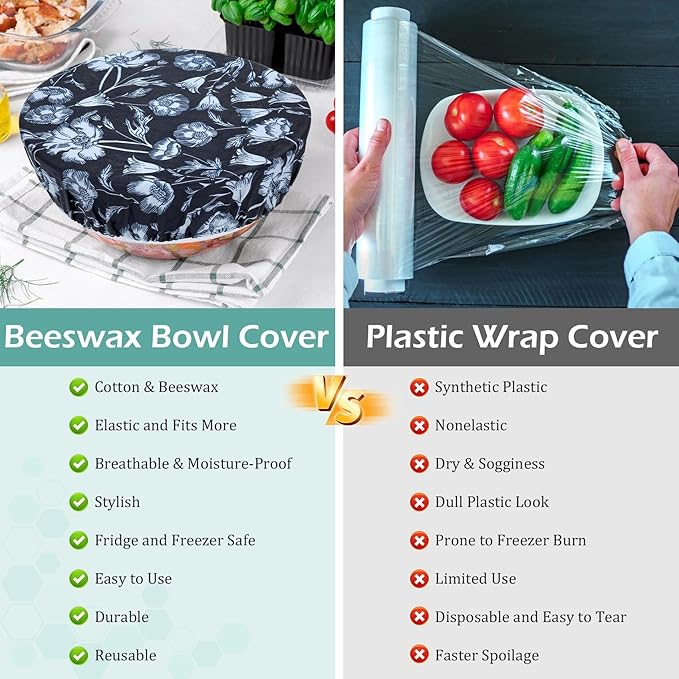 5-Size Reusable Beeswax Bowl Covers for Bread Proofing, Cotton Cloth Flexible Beeswax Wraps for Food Storage(Iris Floral)