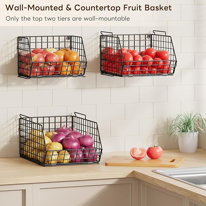 X-cosrack Stackable Wire Baskets for Counter, Fruit and Vegetable Storage, Potato and Onion Storage Bin，Kitchen Pantry Organizer - Wall Basket for Produce/Snack/Can, 3-tier Large, Black