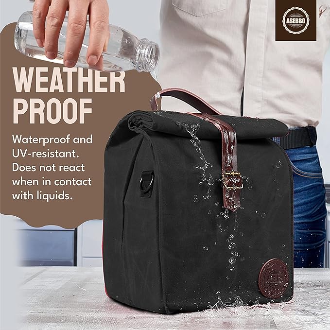 ASEBBO Insulated Lunch Bag for Women & Men - Reusable & Leak Proof Lunch Box Cooler Bag for Work, Beach, Travel for Adults with Shoulder Strap - Waxed Canvas (Black) - Reusable Bag