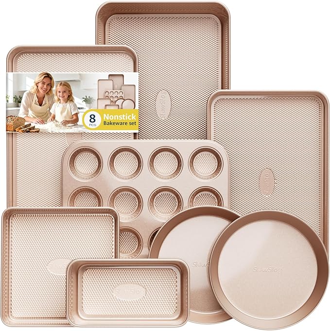 Baking Pans Set 8-Piece Bakeware Sets, Baking Sets for Cooking Nonstick Oven Pan Set, Baking Sheet Set, Cookie Sheets for Baking, Muffin Pan, Cookie Sheets (Ceramic Coated Gold)