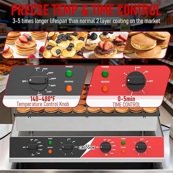 CROSSON Mini Pancake Maker, 50PCS 43mm Diameter Dutch Muffin Waffle Baker, Non-stick Stainless Steel Poffertjes Grill, Commercial Electric Dorayaki Machine W/Temp & Time Control 120V/1750W