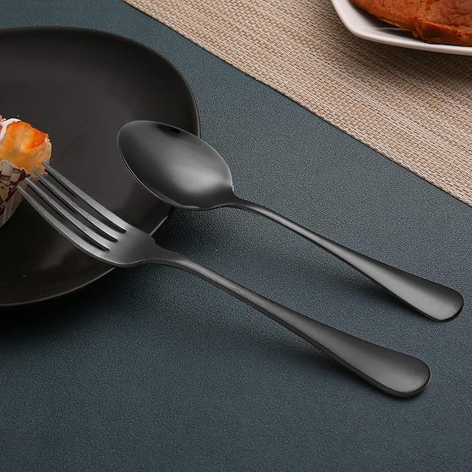 24 Piece Black Forks and Spoons Silverware Set for 12, Stainless Steel Dinner Forks(8 Inch) and Spoons(6.7 Inch) Black Silverware Set, Heavy-Duty Cutlery Set, Dishwasher Safe