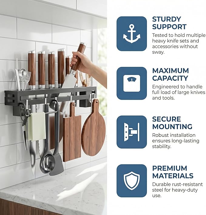 Wall Mount Utensil Rack, 15.7inch Pot Hangers for Kitchen, Kitchen Utensil Hanger for Spoons, Knives, Forks, Chopsticks, Knife Rack