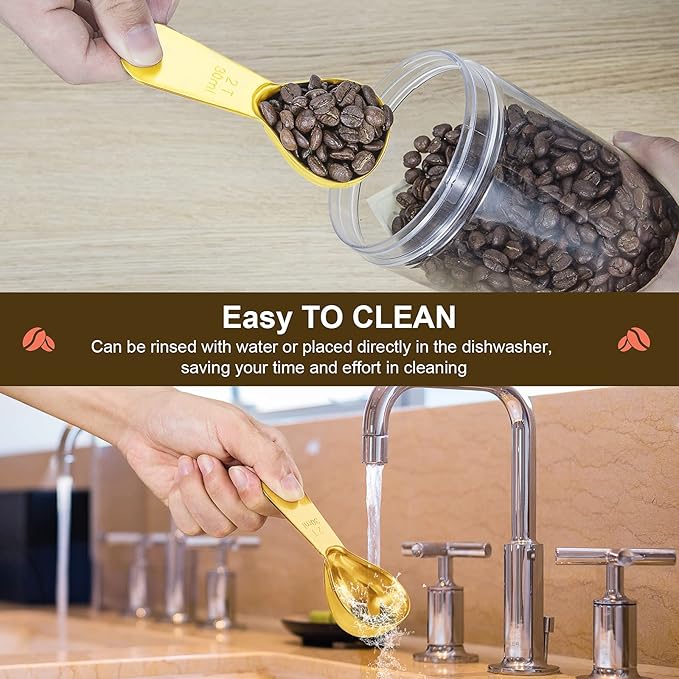 Safring Stainless steel coffee scoop 2-piece set (1 tbsp, 2 tbsp) durable Tablespoon, ergonomic measuring spoon, Suitable for small and large jars，short-handled spoon (Gold)
