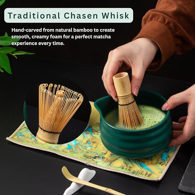 7PCS Ceramic Matcha Whisk Set - Traditional Japanese Tea Set Includes Matcha Bowl with Spout, Holder, Bamboo Whisk, Bamboo Scoop with Rest, Sifter with Tea Towel - Perfect Kit for Matcha Lovers