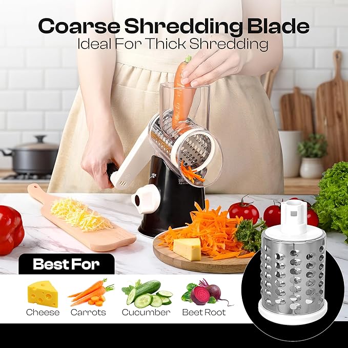 Rotary Cheese Grater Hand Crank - Cheese Shredder Hand Crank with Handle, Vegetable Shredder with 3 Stainless Steel Blades & Strong Suction Base – Round Slicer & Food Chopper for Kitchen