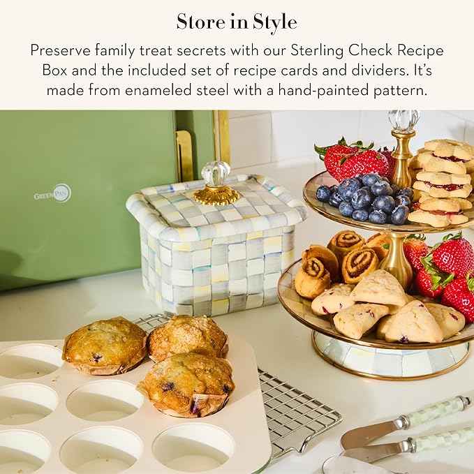 MACKENZIE-CHILDS Enamel Recipe Box, Index Card Box with Lid, Includes 40 Recipe Cards, Gray-and-White Sterling Check