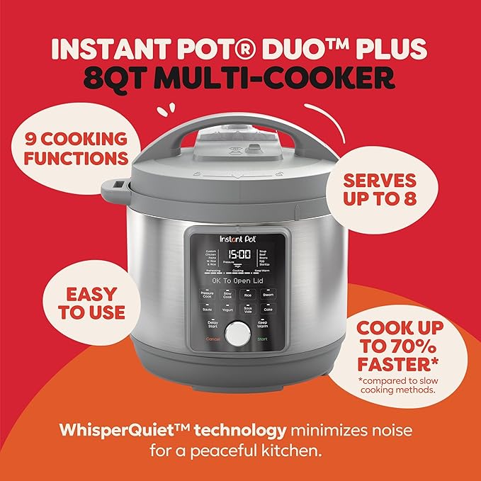 Instant Pot, 8-Quart Whisper Quiet 9-in-1 Electric Pressure Cooker, Slow Rice Cooker, Steamer, Sauté, Yogurt Maker, Warmer & Sterilizer, App With Over 800 Recipes, Stainless Steel, Duo Plus