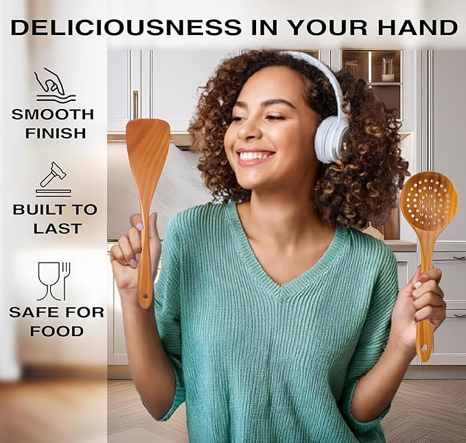 Extra-Large 4-Piece Teak Wooden Utensil Set – Non-Stick Wooden Spatula for Cooking, Skimmer Spoon, & Pasta Spoon – Premium Non Toxic Cooking Utensils