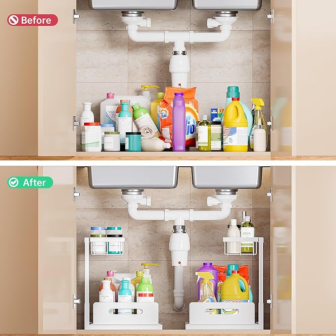 VUSIGN 2 Pack Under Sink Organizer and Storage, 2 Tier Under Cabinet Organizer for Bathroom Kitchen with Pull Out Storage Shelf Drawer, White