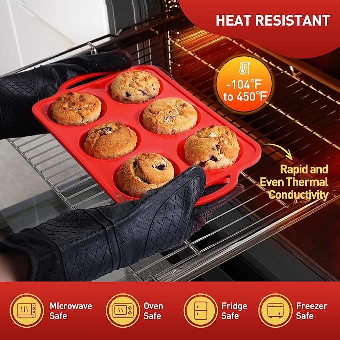 Socisen 2 Packs 6 Cups Silicone Muffin Pan with Metal Reinforced Frame Jumbo Size Cupcake Pan Tray Egg Bites Cookie Molds Muffin Tin Tart Pans Moldes De Silicona Para Gelatina Hornear Flan Chocoflan