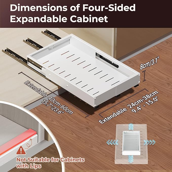 Pull Out Cabinet Organizer, 2 Pack Slide Out Drawer Expandable Width (10"-16") and Depth (17"-25") With 3 Slides, Fixed with Adhesive Film or Nail for Cabinets in Kitchen, Pantry or Bathroom