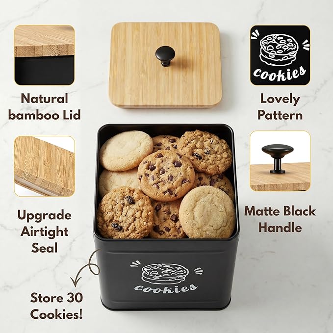 PERFNIQUE Cookie Jar with Lid Airtight, Cookie Tin with Bamboo Lid, Cute Cookie Jars for Kitchen Counter Decorative, 1 Gallon Food Storage Container for Candy, Cookies, Dessert, Farmhouse Home Decor