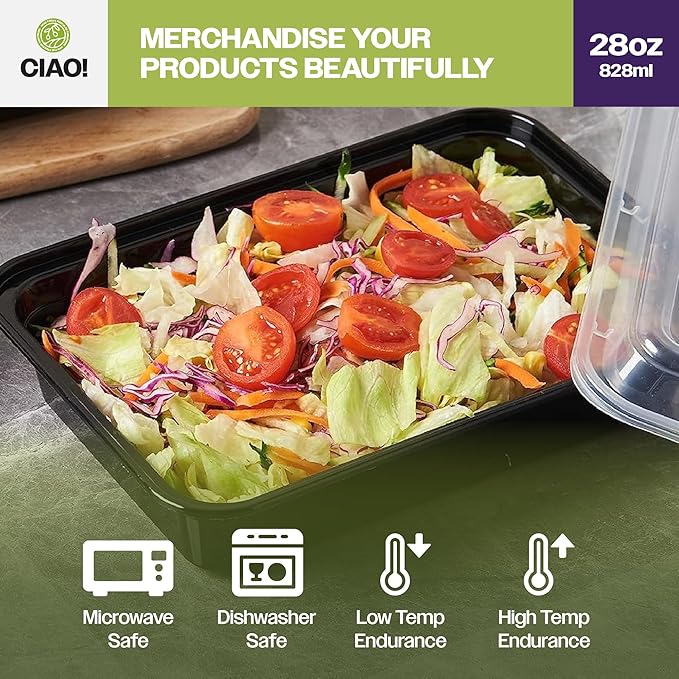 CIAO! Heavy Weight 28oz Injection Molded Microwavable Black Rectangular Food Container with Lid (150/case)