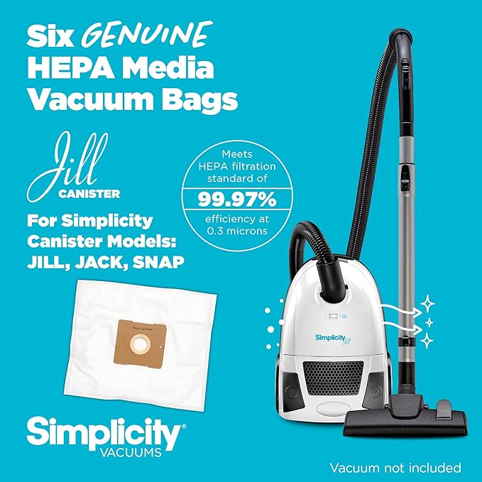 Simplicity Vacuums SZH-6 Jill Canister Vacuum Replacement Bags with Certified Hepa Media, Fits with Simplicity Jill, Jack, and Snap Bagged Vacuum Canister Models, Type Z Bags, 6-pack Set