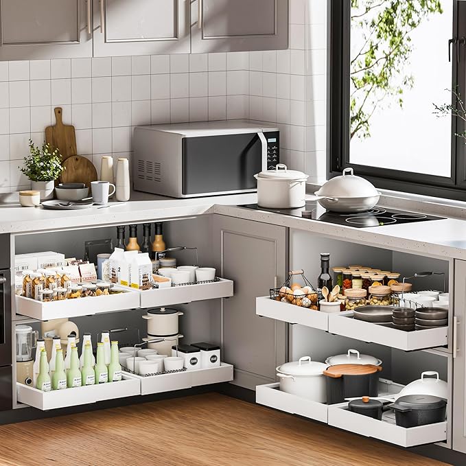1 Pack Pull Out Cabinet Organizer, Slide Out Drawer Expandable Width (12"-19") and Depth (17"-23") With 3 Slides, Fixed with Adhesive Film and Nail for Cabinets in Kitchen, Pantry or Bathroom
