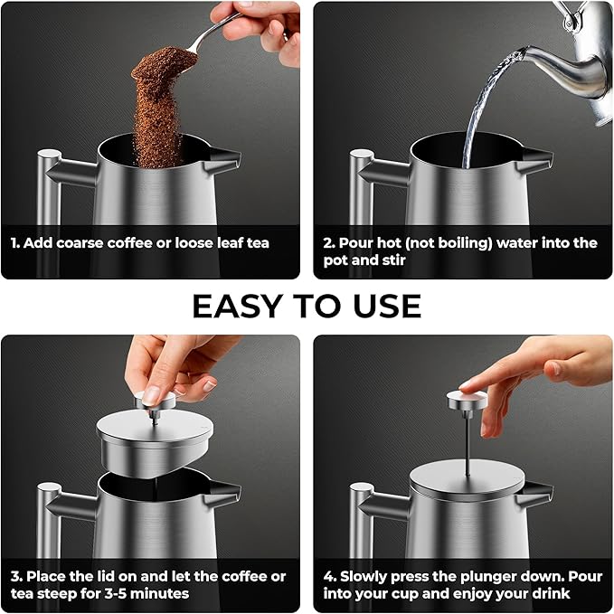 French Press Coffee Maker, Stainless Steel French Press, 34 Oz / 1L, Large Insulated Double Wall Coffee Maker with 3 Extra Mesh Filters, Satin Finish, Silver