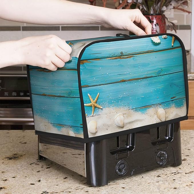 Seashells Starfish Blue Wood Toaster Cover 2 Slice, Cute Rural Bread Machine Cover, Washable Dust-Proof Cover for Kitchen Small Appliance Cover,with Top Handle