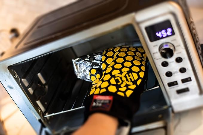 J H Heat Resistant Oven Glove:EN407 Certified 932 °F, 2 Layers Silicone Coating, Oven Mitts for Cooking, Kitchen, Fireplace,Camping, Grilling (Black/Yellow, Mitten)
