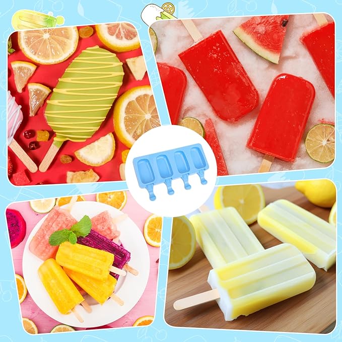 SAYAYA 4 Set Silicone Popsicle Molds with 200 Sticks, Reusable 4 Cavities Homemade Cake Pop & Cakesicle Mold for DIY Ice Cream, Ice Pop, Easy Release & Dishwasher Safe for Kids Family (Multicolor)