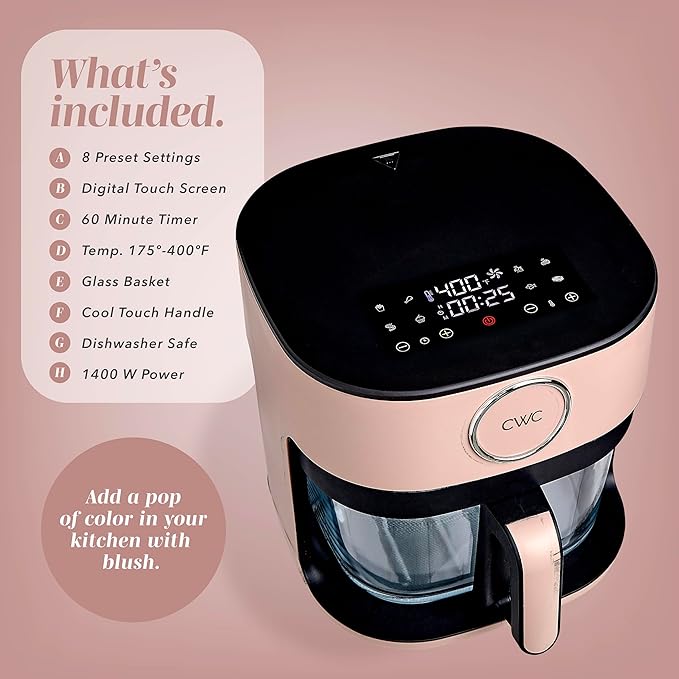 COOK WITH COLOR 1400W 5.5Qt Digital Kitchen Air Fryer with Glass Basket, 8 Presets Healthy Cooking Options, Bake, Fry, Reheat, 60-Min Timer, Adjustable Temperature Control 175°F–400°F, Blush