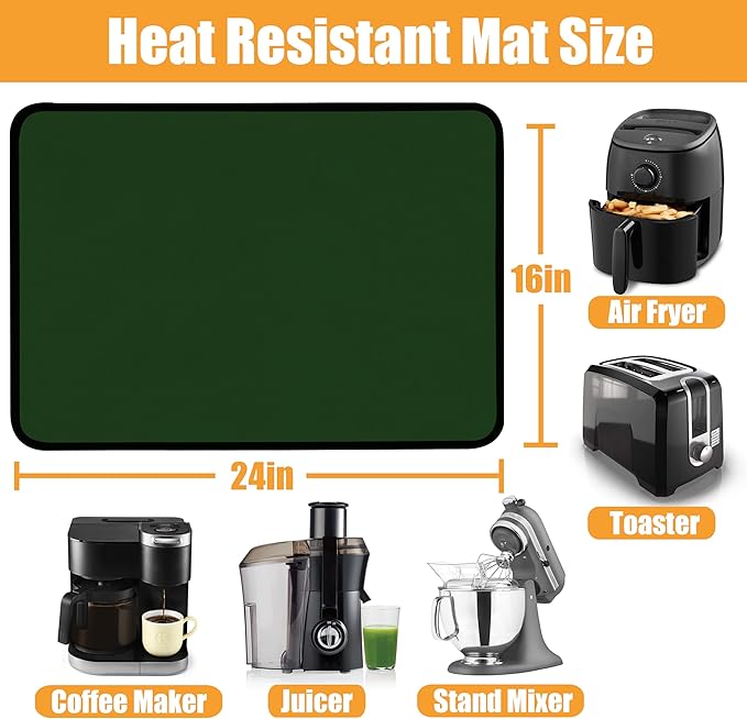 Heat Resistant Mat for Air Fryer,Deep Fryer,Oven,16x24in Hot Pads for Kitchen Counter Heat Protector,Under Coffee Maker Mats for Quartz Countertop Protector,Deep Fryer Coffee Machine Mat（Green）