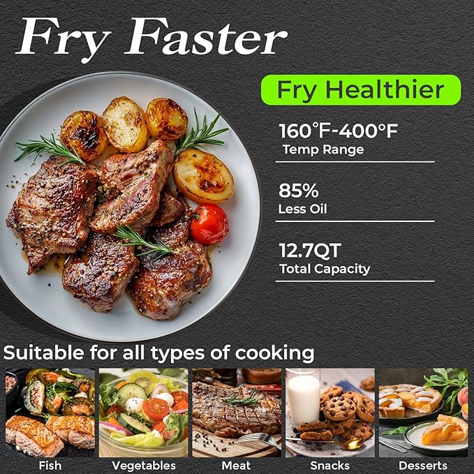 12QT Dual Basket Air Fryer, Vertical Double Stack XL 2-Basket, Feeds Up to 10 People, 8-in-1 Presets with Digital Touchscreen to Free DIY, Compact Design, Easy to Clean, Black