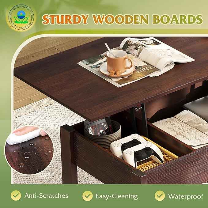 WLIVE Coffee Table, Lift Top Coffee Table with 2 Drawers, Large Hidden Compartment and Open Storage Shelf, Lift Tabletop, Dining Table for Living Room, Espresso