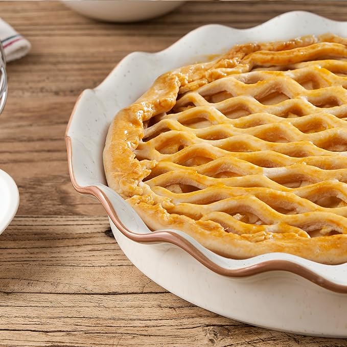 SIDUCAL Pie Pan for Baking 10.5 inch,NonStick Reusable Ceramic Pie Plate with Ruffled Edge,Dishwasher and Oven Safe,Deep Dish Pie Pan for Apple Pie,Quiche,Pot Pies, Tart, etc（White）