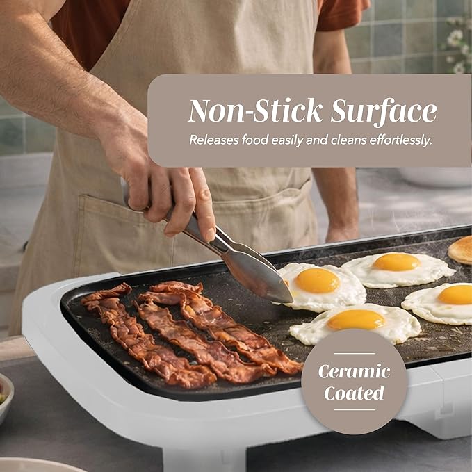 COOK WITH COLOR Electric Griddle 1200W, Nonstick Surface for Pancakes, Burgers, Eggs & More, Removable Temperature Control, Slide-Out Drip Tray, 10" x 16" Cooking Area, Cream