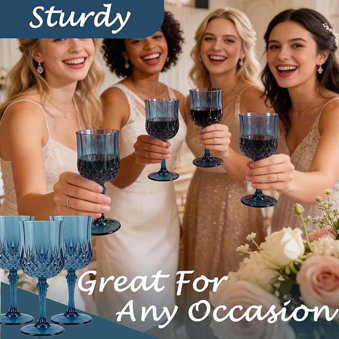 Plastic Wine Glasses, Plastic Goblets Vintage Style Cordial Unbreakable Drinking Glasses, Reusable Drinkware for Wedding Reception, Grand Event Party Supplies (12, Navy Blue)