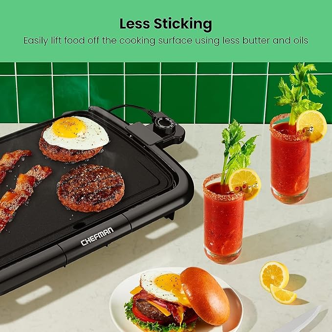 Chefman Electric Griddle with Removable Temperature Control, Immersible Flat Top Grill, Burger, Eggs, Pancake Griddle, Nonstick Easy Clean Cooking Surface, Slide Out Drip Tray, 10 x 16 Inch