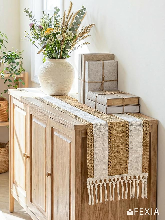 FEXIA Boho Table Runner with Tassels for Home Decor Farmhouse Rustic Table Runner Macrame Burlap Woven Dinning Decoration for Living Room Bridal Shower Independence Day Decorations(12x72 Inches)