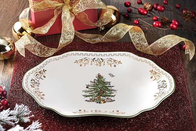Spode Christmas Tree Gold Medium Oval Platter, 13-Inch Fine Porcelain - Nostalgic Holiday Serveware, Decorative Christmas Tree Pattern with Gold Rim - Dishwasher, Freezer Safe - Festive Table Decor