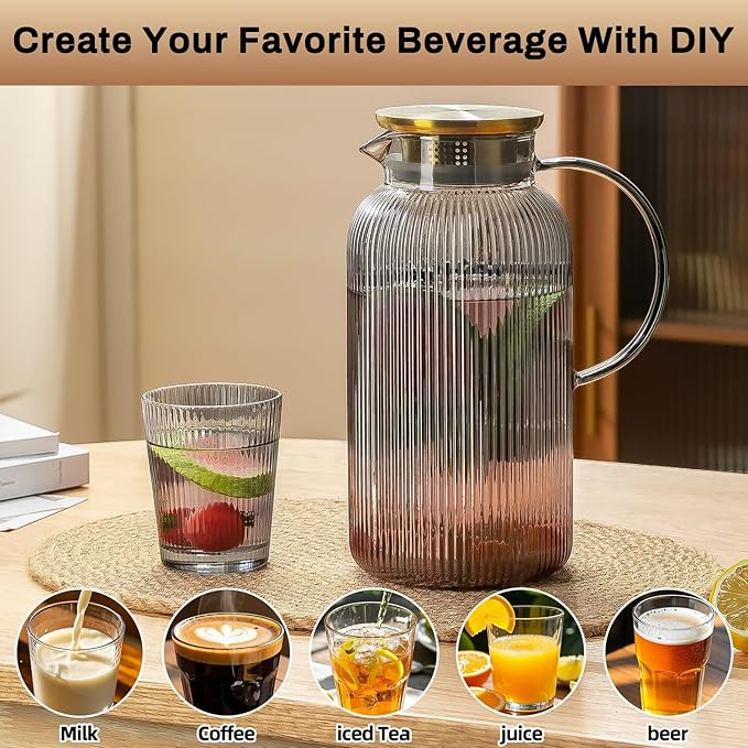 Buaic 2 PACK Glass Pitcher with Lid, 68 oz/ 2 Liter Gray Classic Vertical Stripes Water Pitcher,Glass Water Carafe for Cold Brew, Coffee, Lemonade, Iced Tea,Beverage, Heat Resistant Water Glass Jug